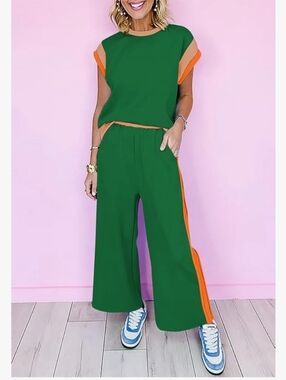 Casual Two-Piece Wide-Leg Set in Green with Orange Trim